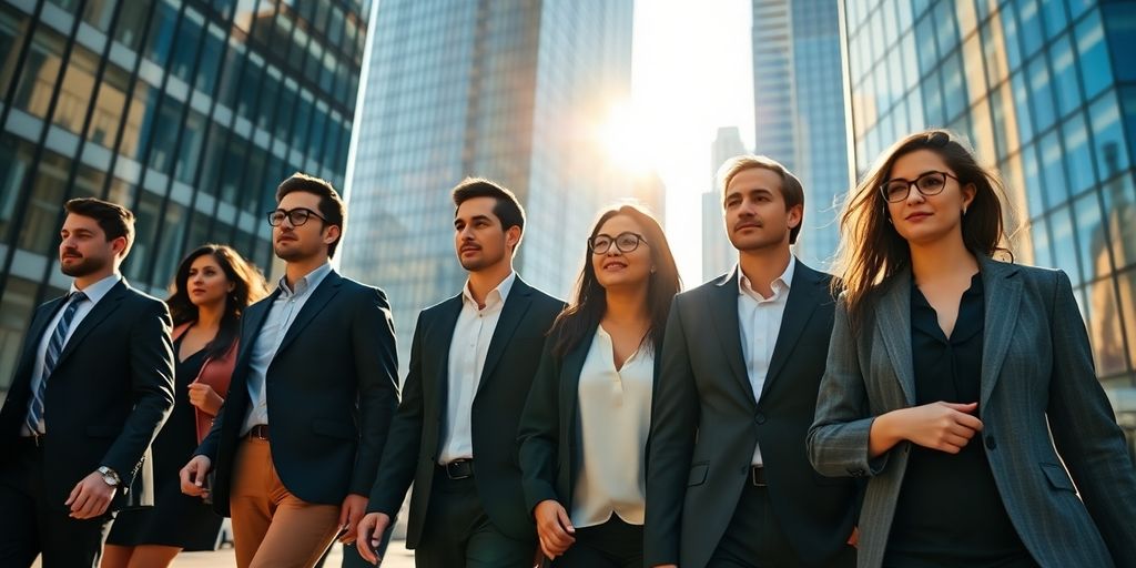 Elegant skyscrapers loom over a bustling financial district.