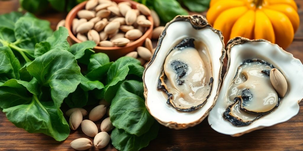 Zinc-rich foods for thyroid health on a wooden table.