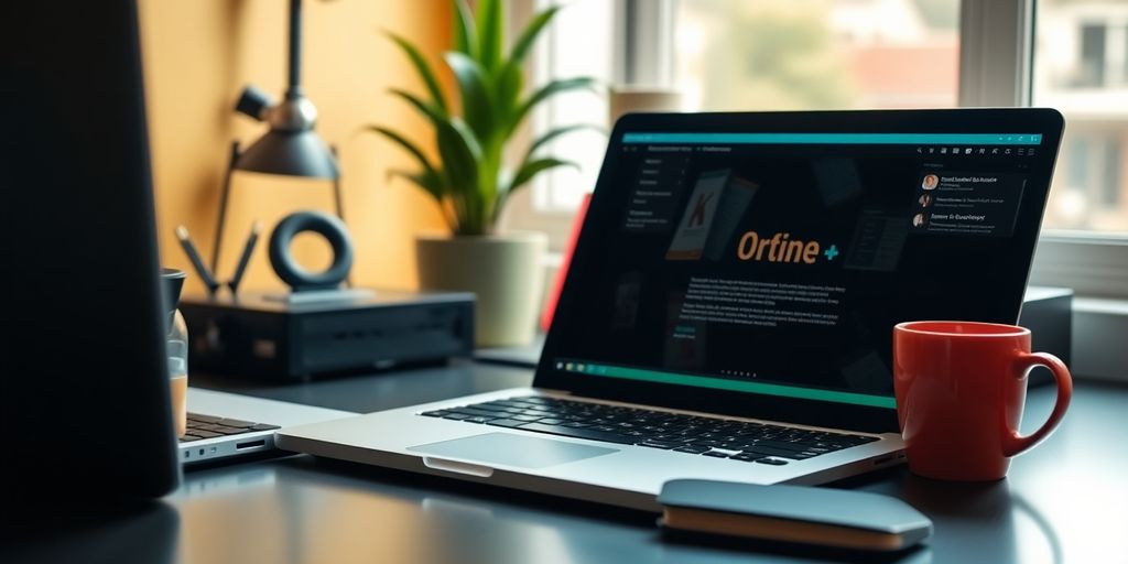 Espaço de trabalho com laptop e ferramentas digitais.