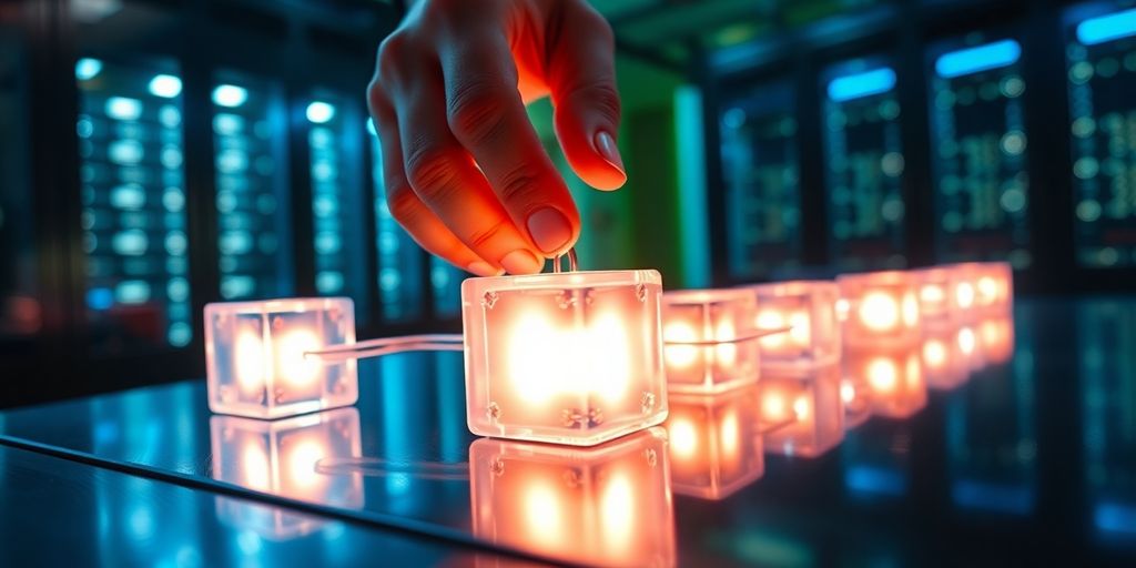 Hands connecting glowing translucent cubes in dimly lit server room