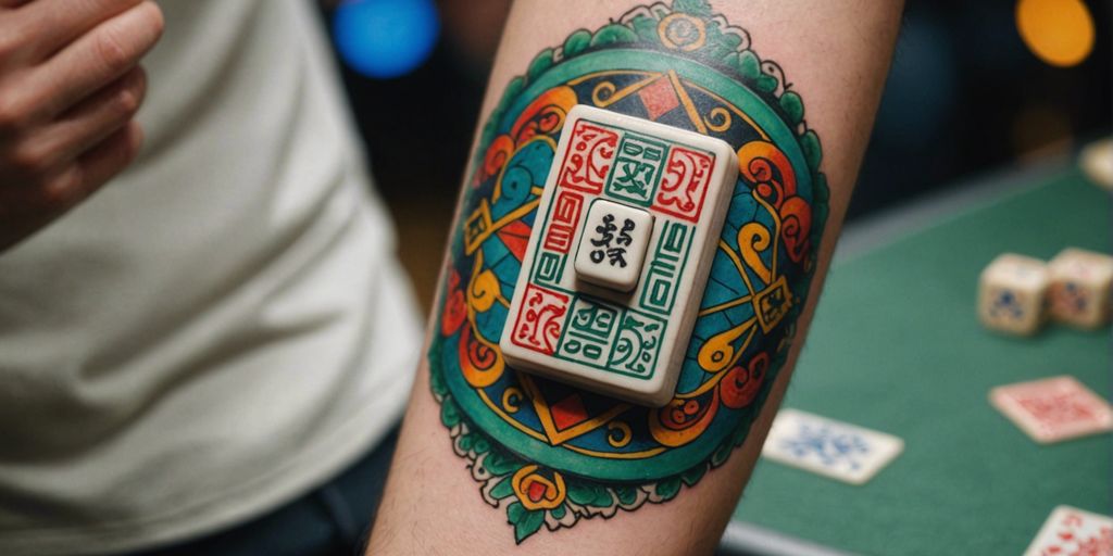 Close-up of a colorful mahjong tile tattoo on a forearm, symbolizing cultural heritage and personal significance.