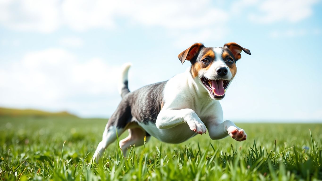 Playful Parson Russell Terrier in a sunny green field.