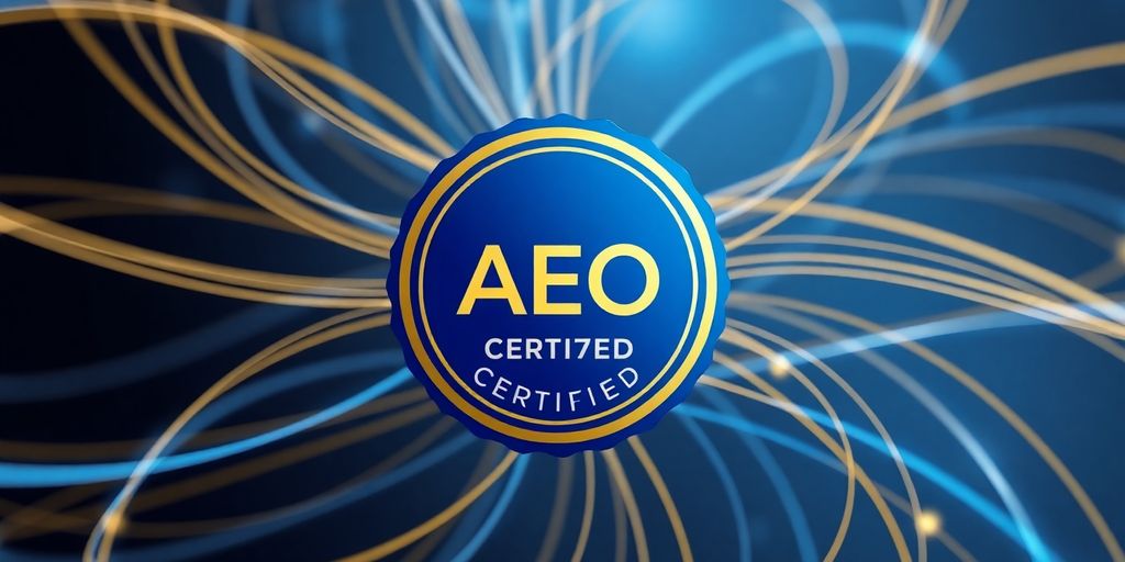 Certified AEO badge with abstract swirling lines.