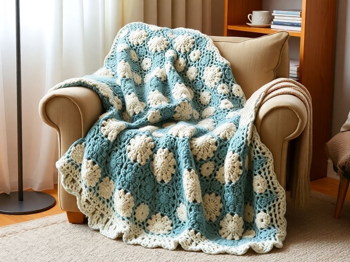 Cozy armchair with a colorful double crochet blanket.