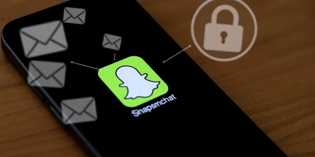 Smartphone showing Snapchat logo with email symbols nearby.