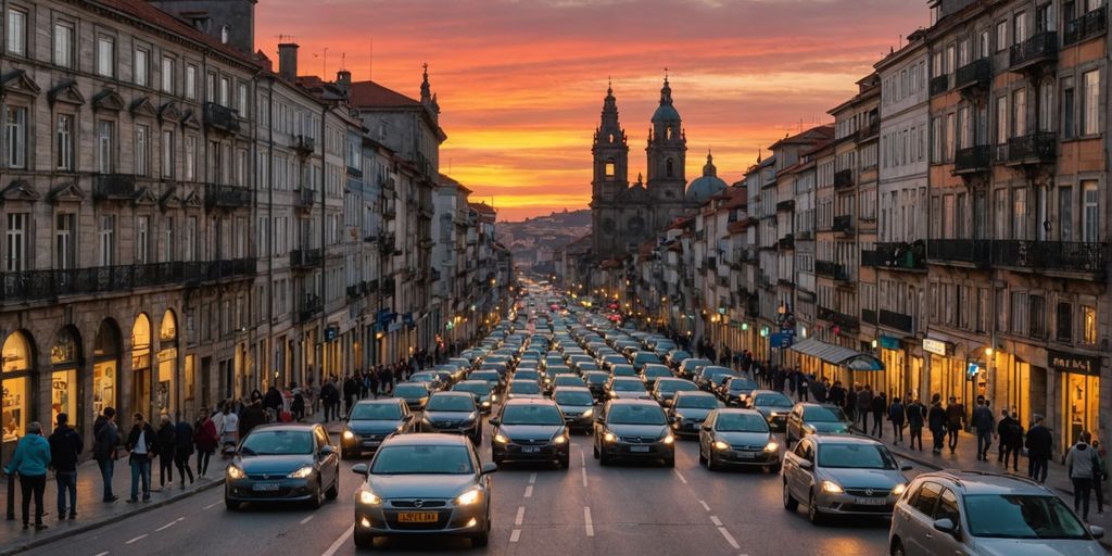 Evening rush hour in Porto with busy traffic