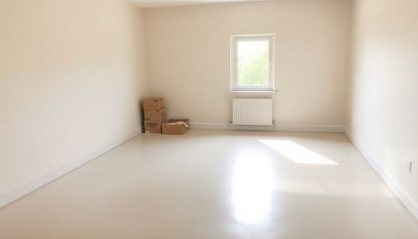 Empty room after house clearance with stacked boxes.