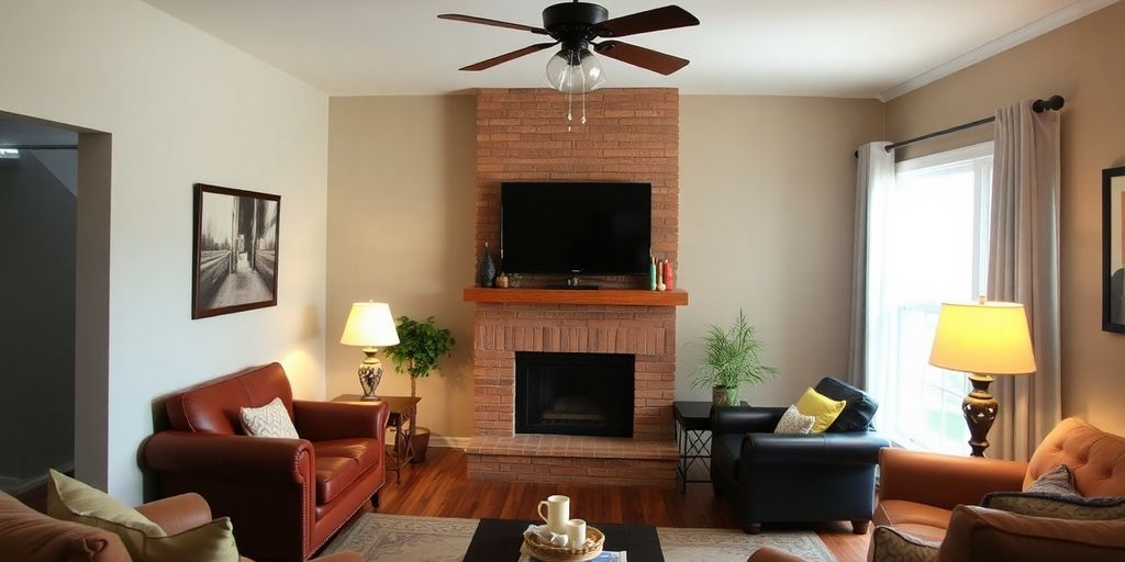 Restored living room after smoke damage, fresh and inviting.