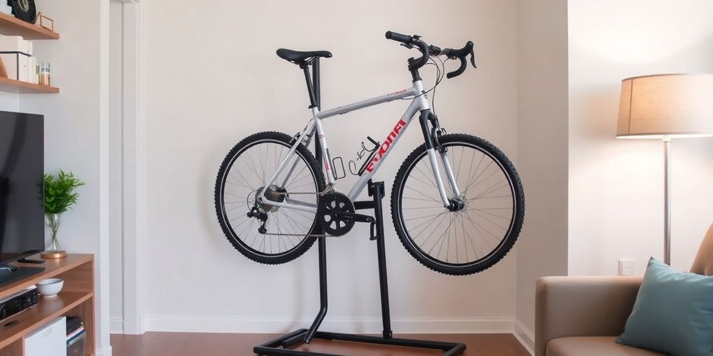 Compact bike stand in a small living area.