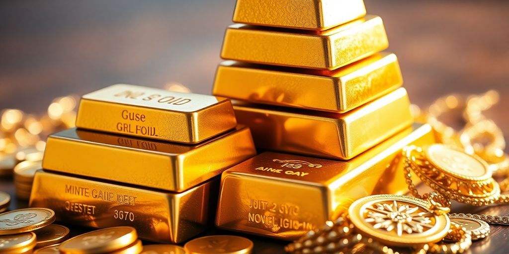 Lingots d'or empilés, pièces d'or, bijoux en or éclatants.