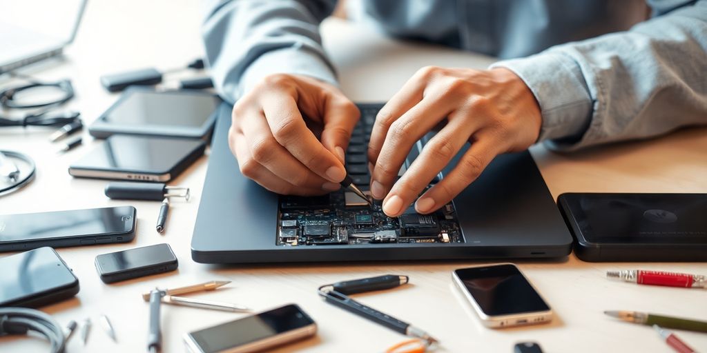 Technician repairing laptop in organized workspace with gadgets.