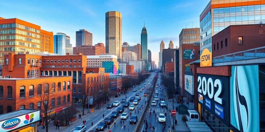 Boston skyline with modern buildings and busy entrepreneurs.