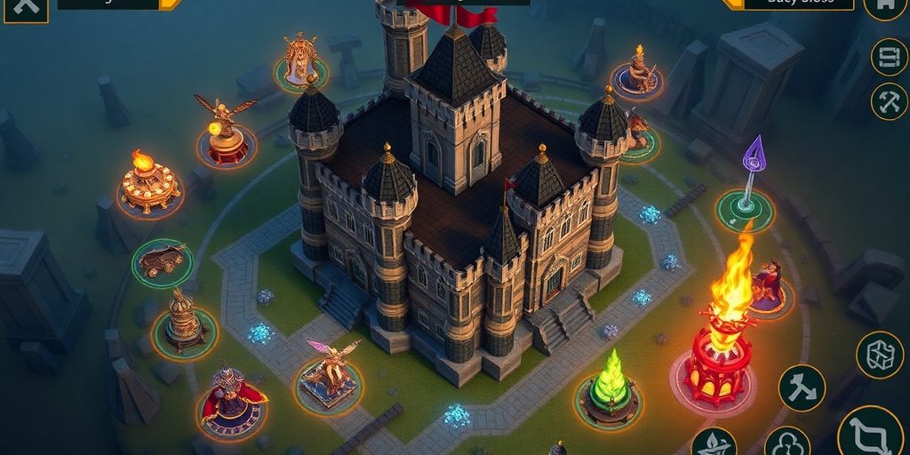 Evony mobile game castle with glowing event icons.