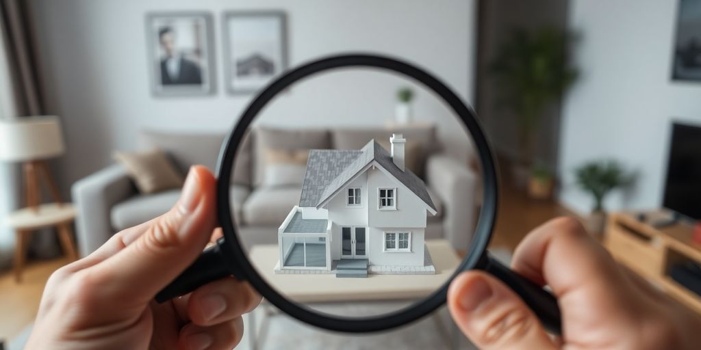 Manos sosteniendo lupa sobre casa en miniatura.