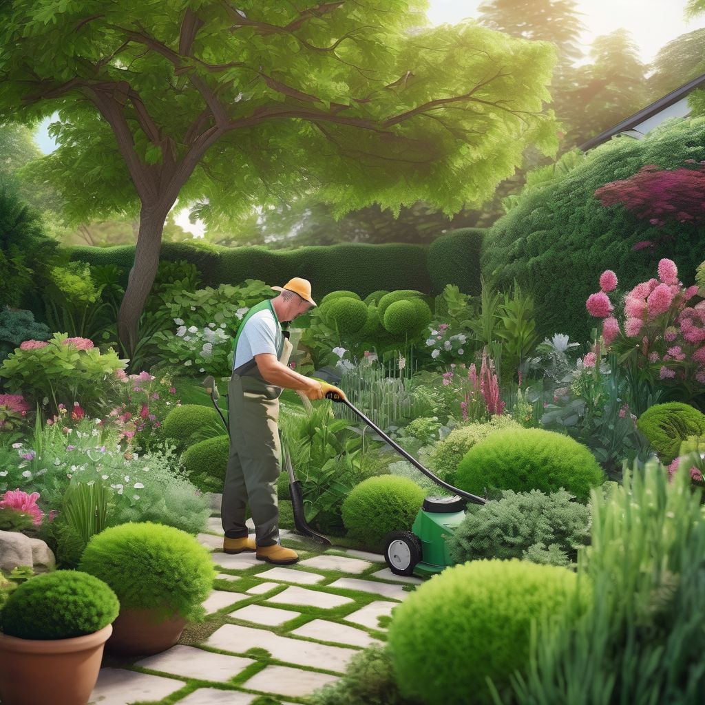 professional gardener tending lush green garden