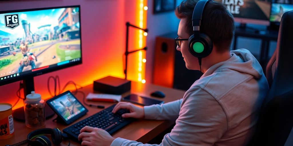 Gamer at computer enjoying Epic Games with temp mail.