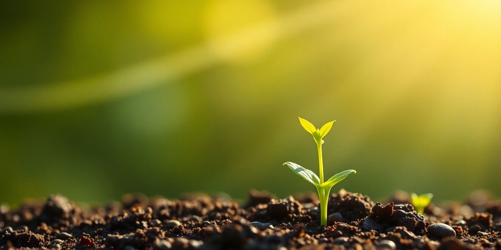 Bright light illuminating a growing plant sapling