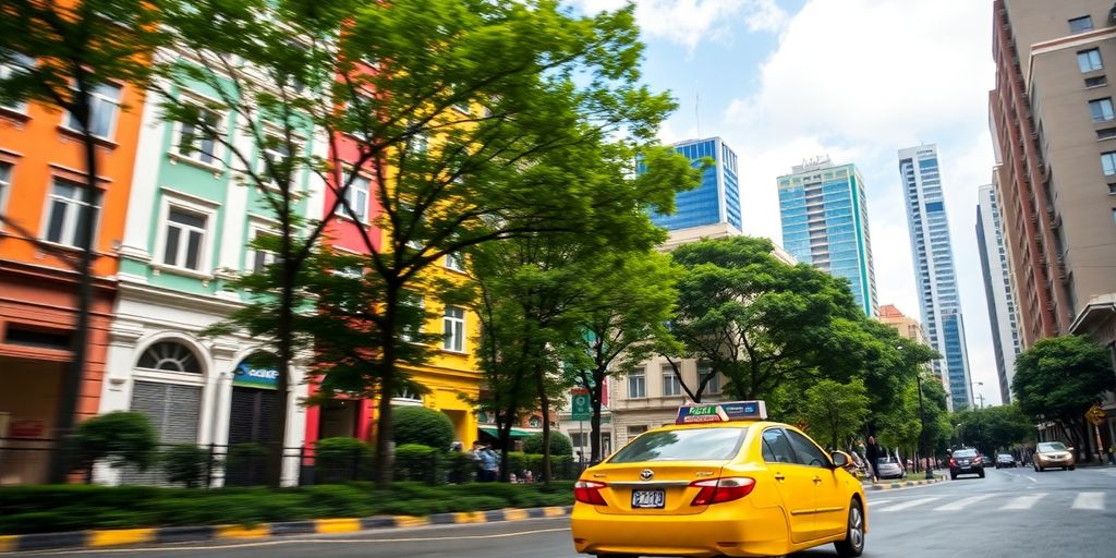 Taxi driving through vibrant Sao Paulo streets.