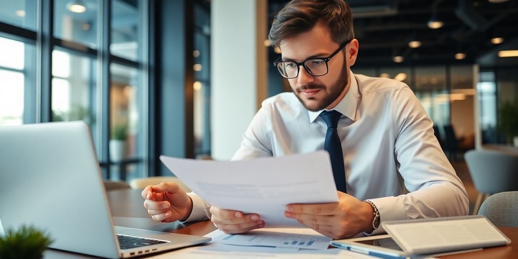 Business professional analyzing financial documents in an office.