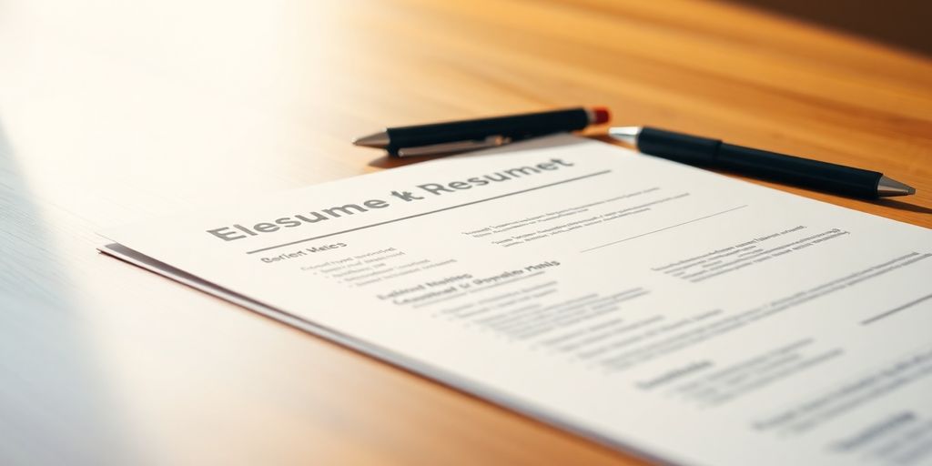 Polished resume documents arranged on a wooden desk.