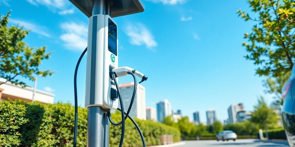 Electric vehicle charging at a public charging station.