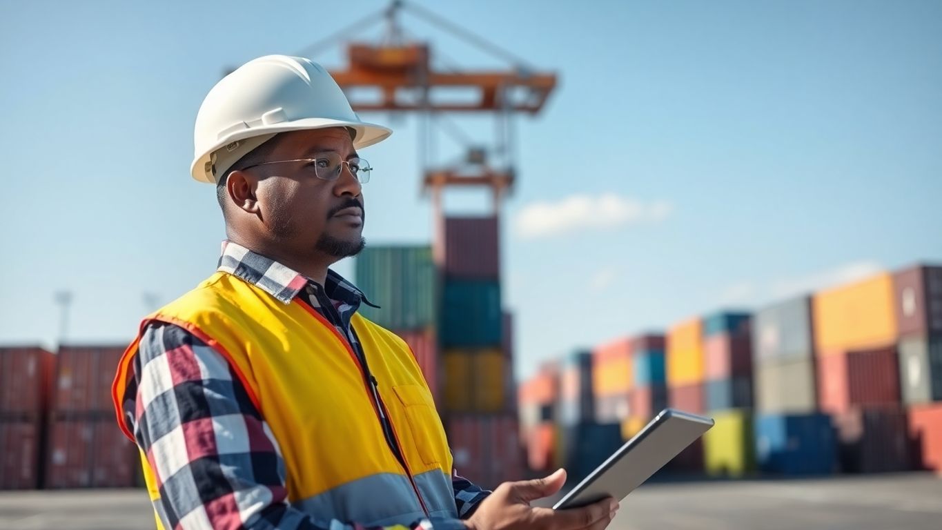 Man holding tablet, looking at shipping containers.