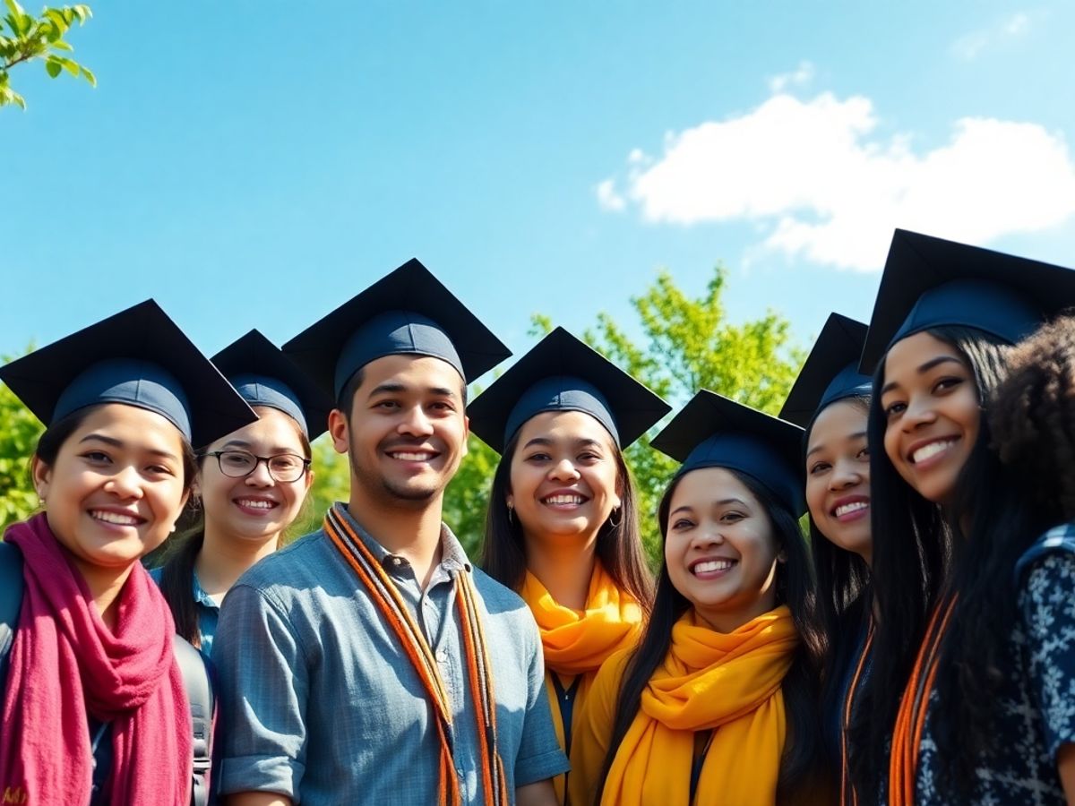 Diverse international students celebrating graduation outdoors.