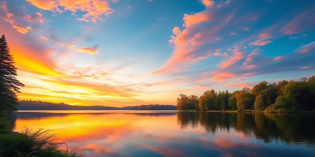Scenic lake at sunset with lush trees.