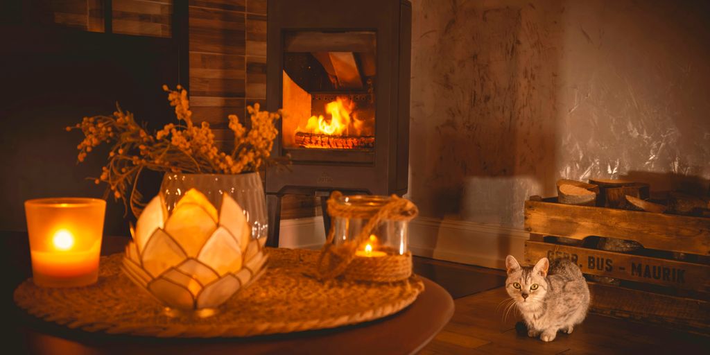 a cat sitting on a table in front of a fireplace
