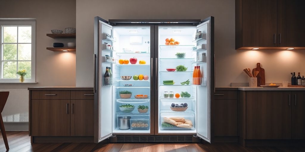 Modern fridge freezer in a bright kitchen.