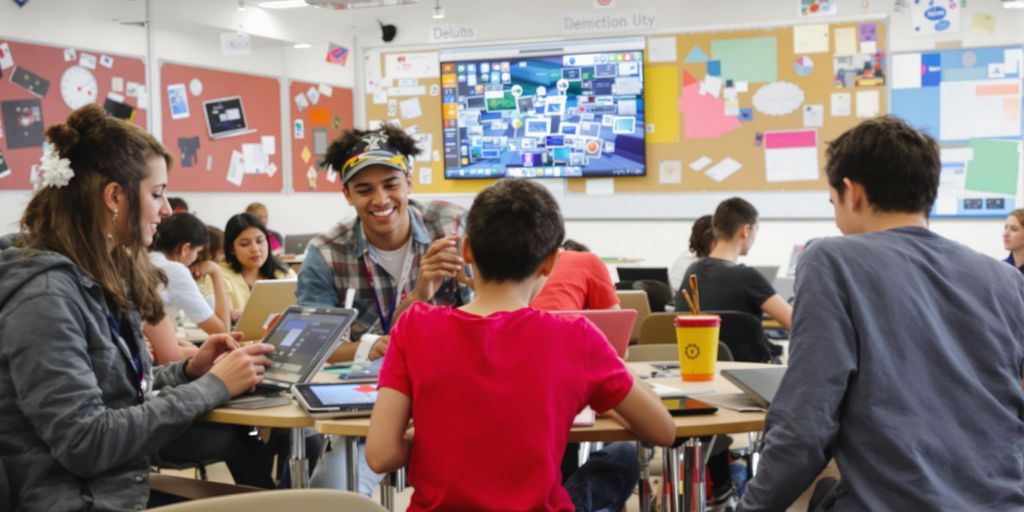 Sala de aula vibrante com alunos aprendendo digitalmente.