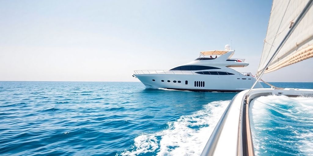 Yacht sailing on blue ocean during sunny day.