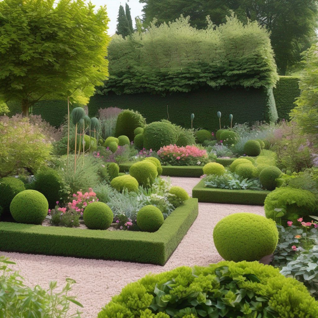ornamental garden with sculpted hedges and seasonal care activities