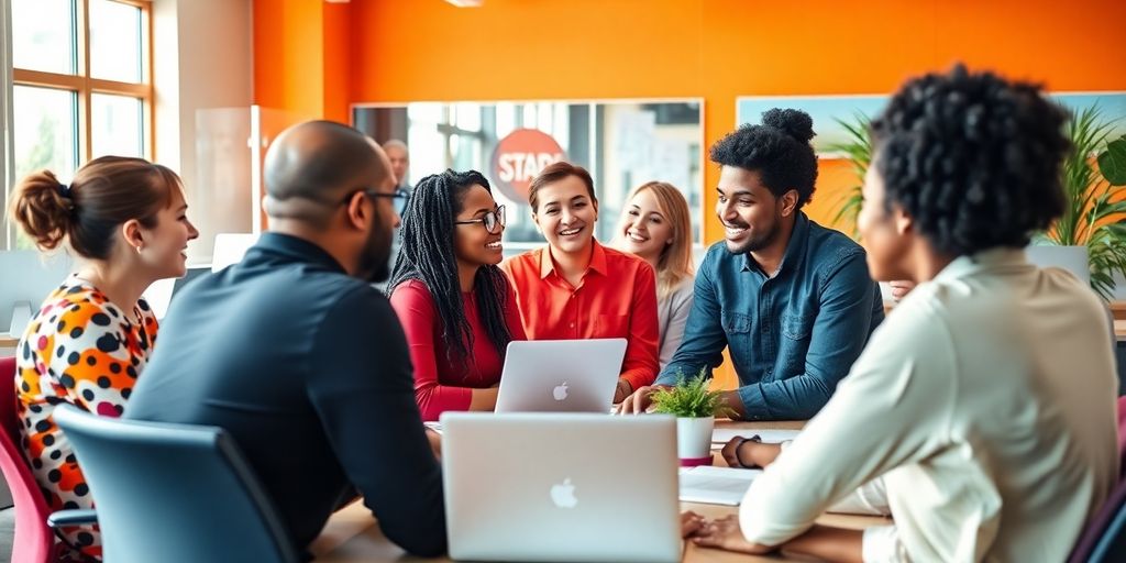 Diverse team collaborating in a bright office environment.