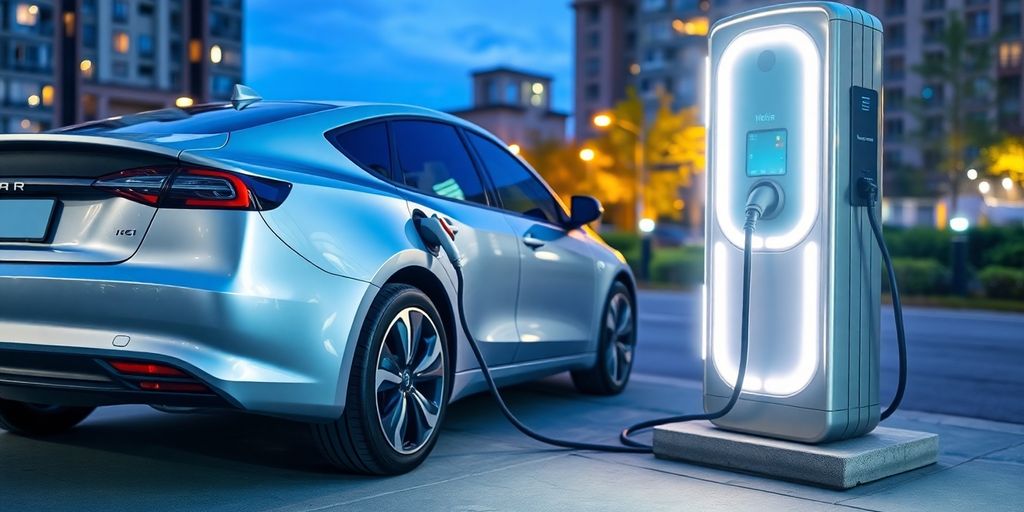 Voiture électrique branchée à une borne de recharge moderne.