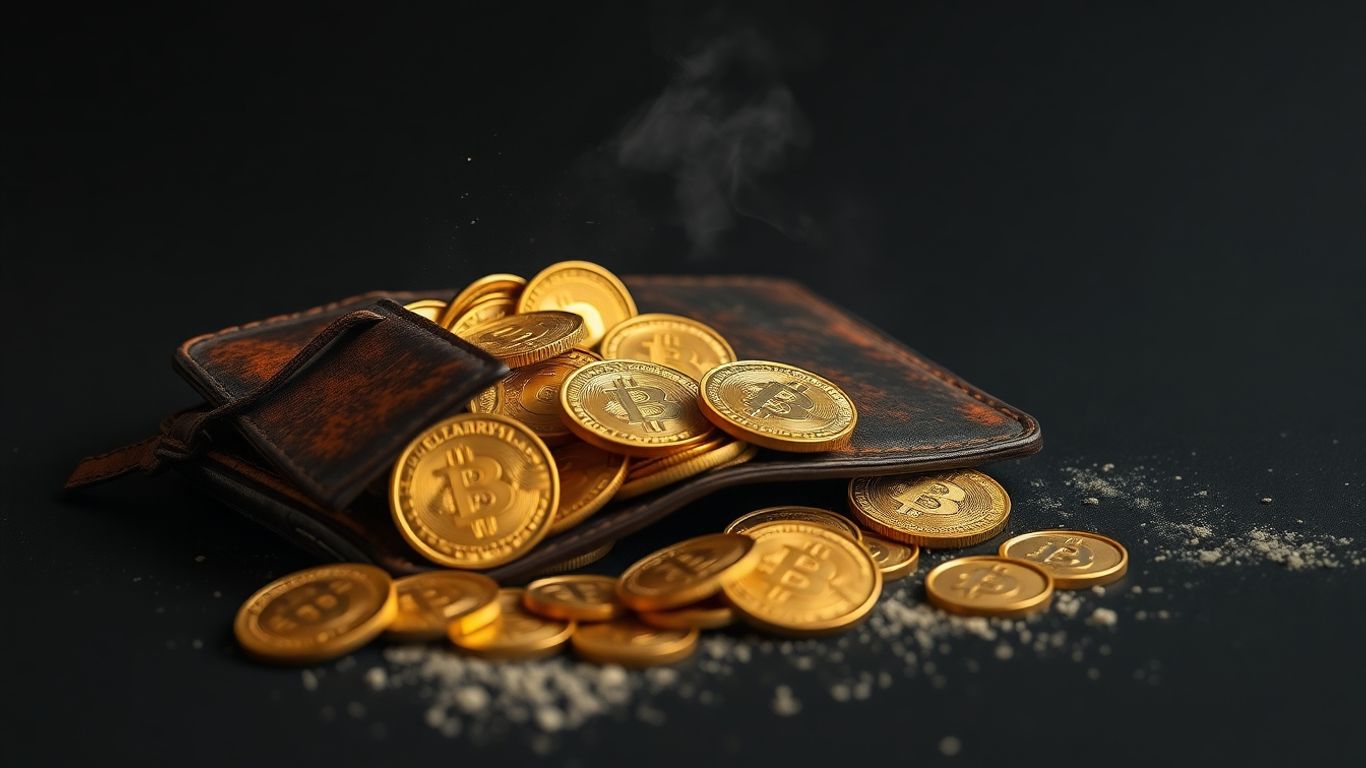Old wallet with shining Bitcoin coins spilling out