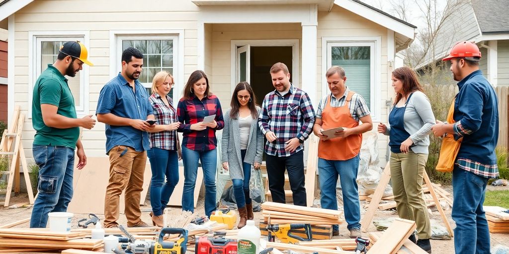Team collaborating on home renovation project outdoors.