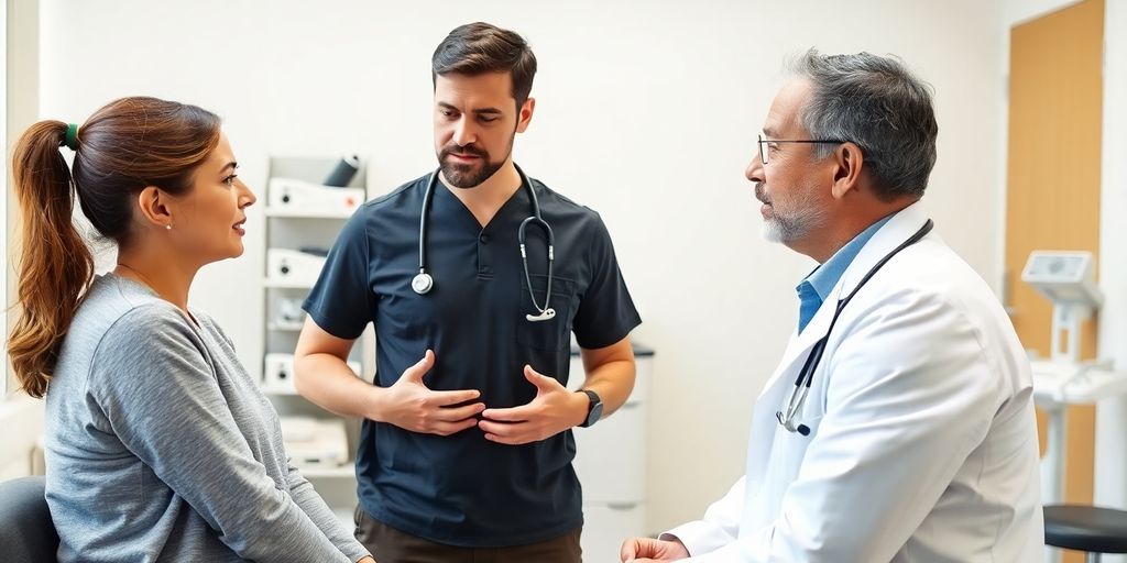 Patient und Arzt in heller Arztpraxis: Lebensstil und Prävention eines Leistenbruchs