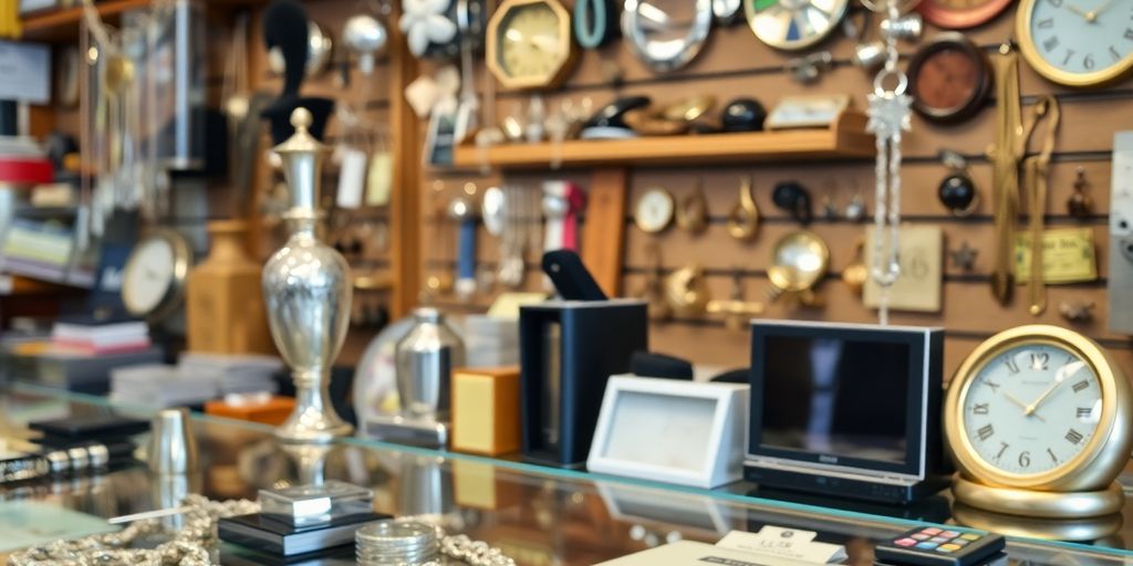 Prêt sur gage avec divers objets en vitrine.
