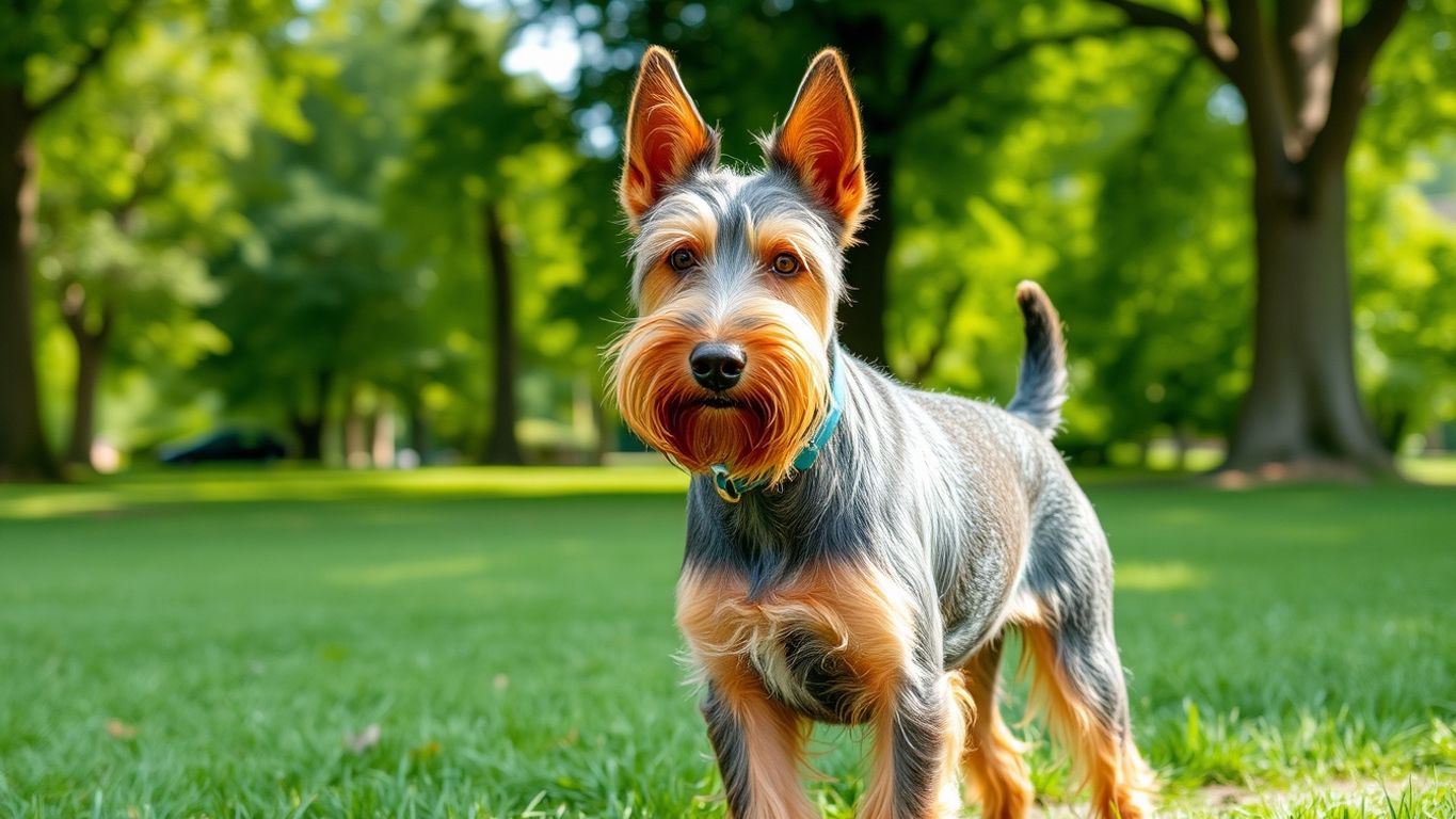 Welsh Terrier in a green park, showcasing its playful nature.