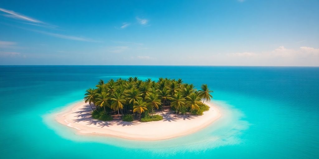 Tropical atoll, turquoise water, white sand beach, palm trees.