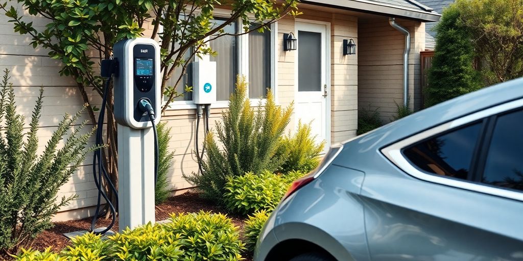 Electric vehicle charging station at a residential home.