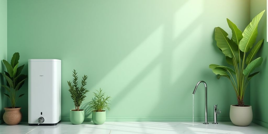 Eco-friendly plumbing setup with green fixtures and plants.