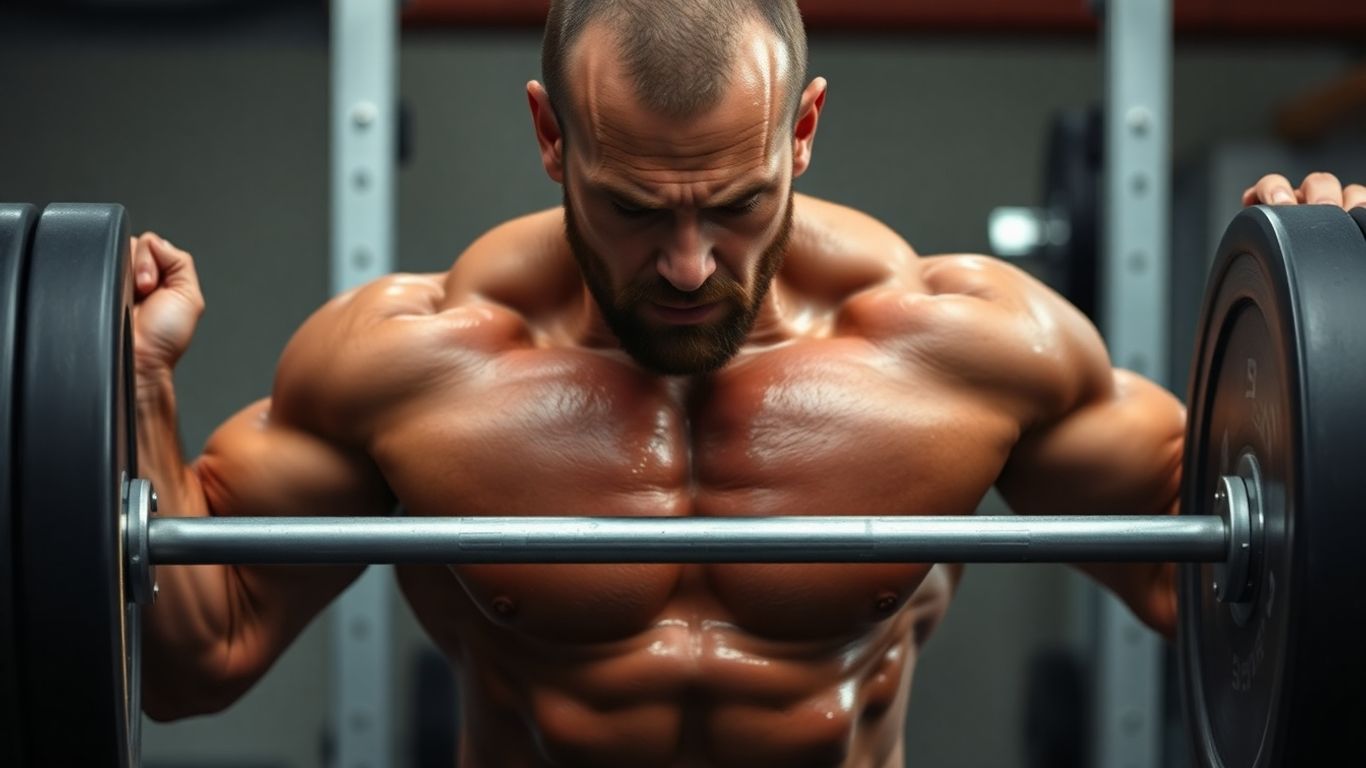 Man powerfully deadlifting a heavy barbell during intense strength training.