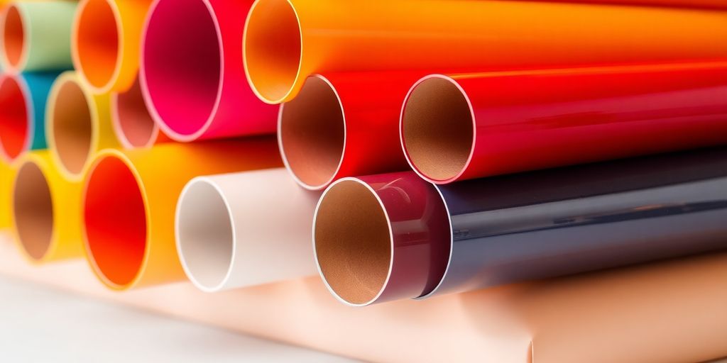 Rolls of colorful vinyl, bright and glossy.