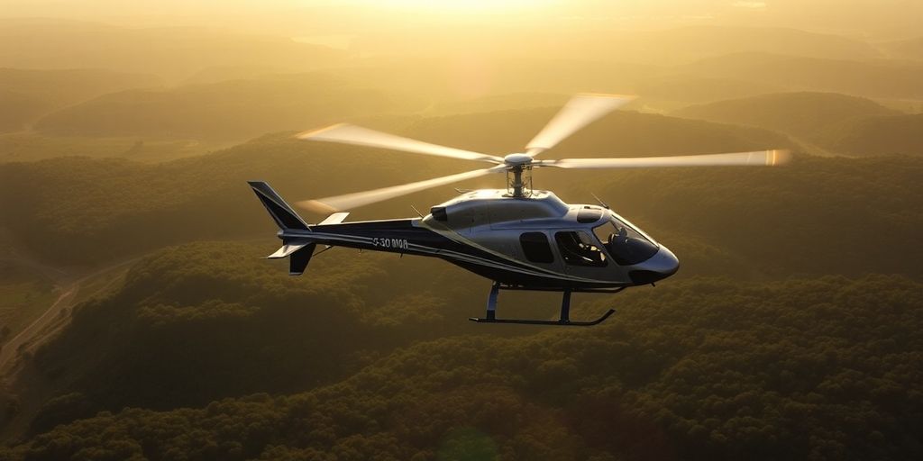 Helicopter flying over green landscapes and clear blue skies.