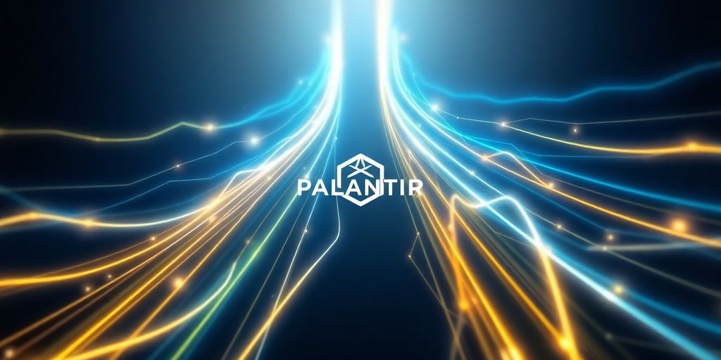 Palantir logo with upward-trending abstract glowing lines.