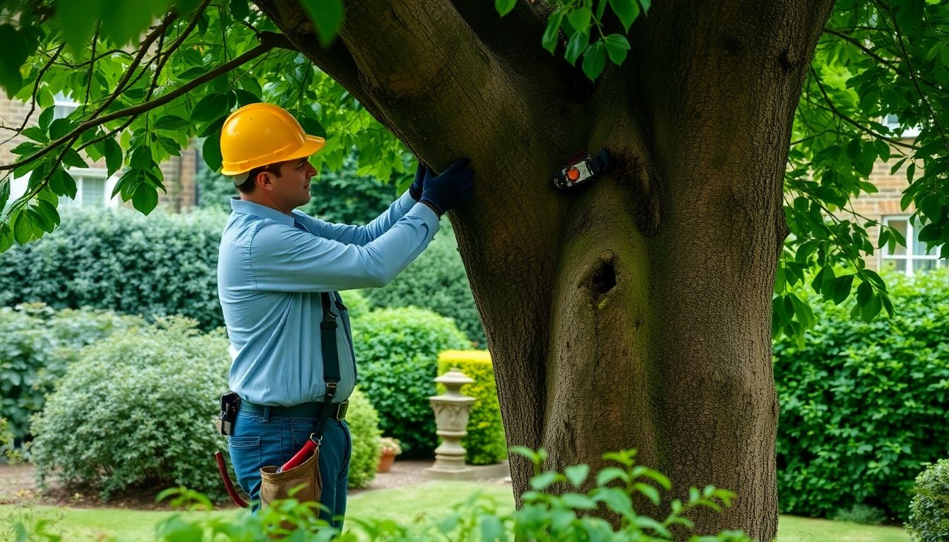 Tree surgeon pruning a large tree in London garden.