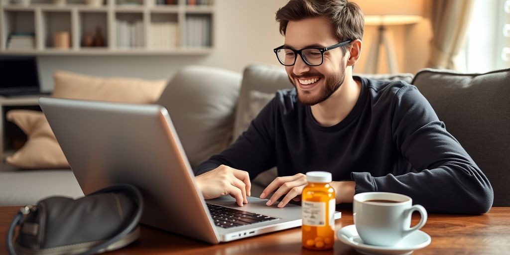 Person using laptop with prescription bottle and coffee