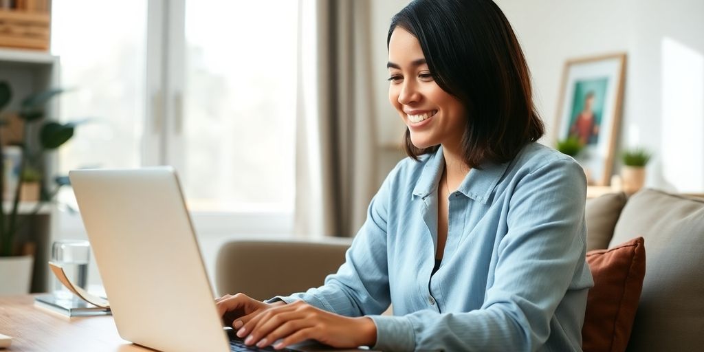 Person smiling, working remotely with laptop.